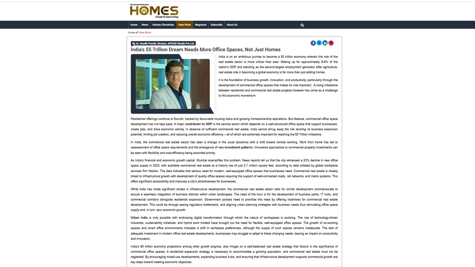 By Ar. Hardik Pandit, Director, APICES Studio, India's $5 Trillion Dream Needs More Office Spaces, Not Just Homes