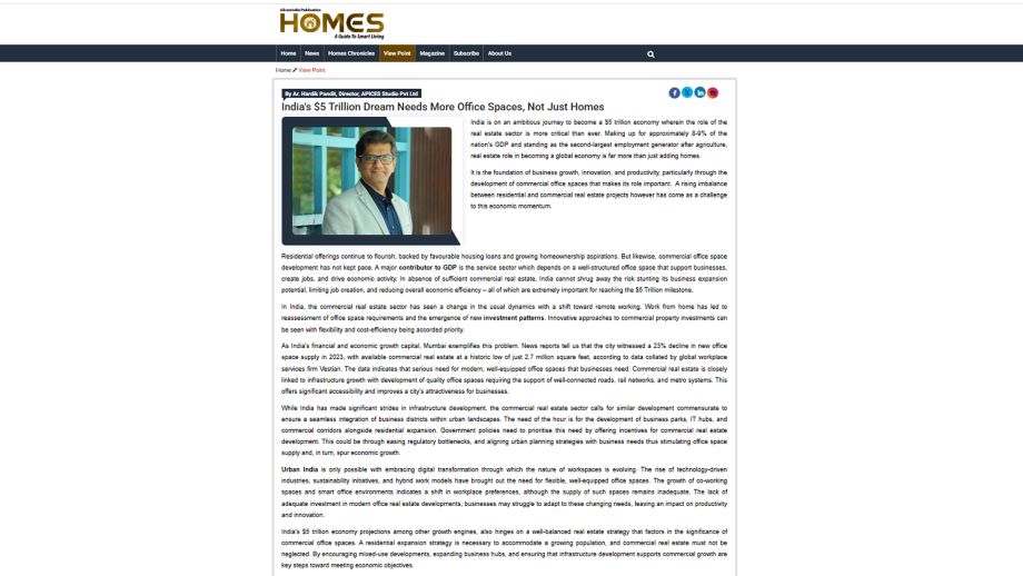 By Ar. Hardik Pandit, Director, APICES Studio, India's $5 Trillion Dream Needs More Office Spaces, Not Just Homes
